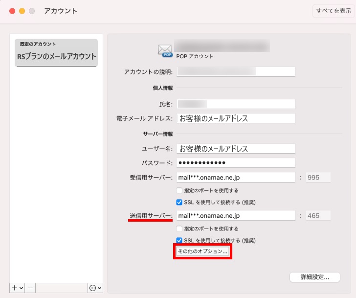 送信用サーバーのその他のオプション