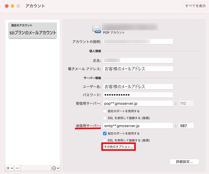 送信用サーバーのその他のオプション