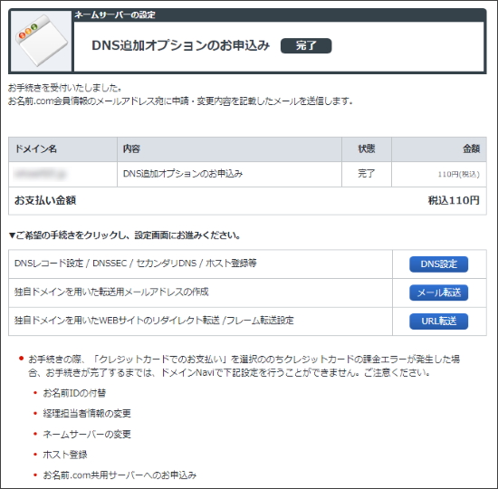 DNS追加オプションのお申込み完了