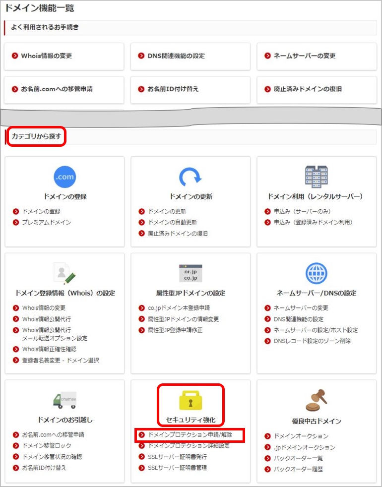 ドメインプロテクション申請/解除