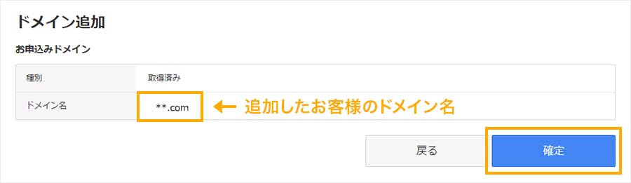 追加したお客様のドメイン名