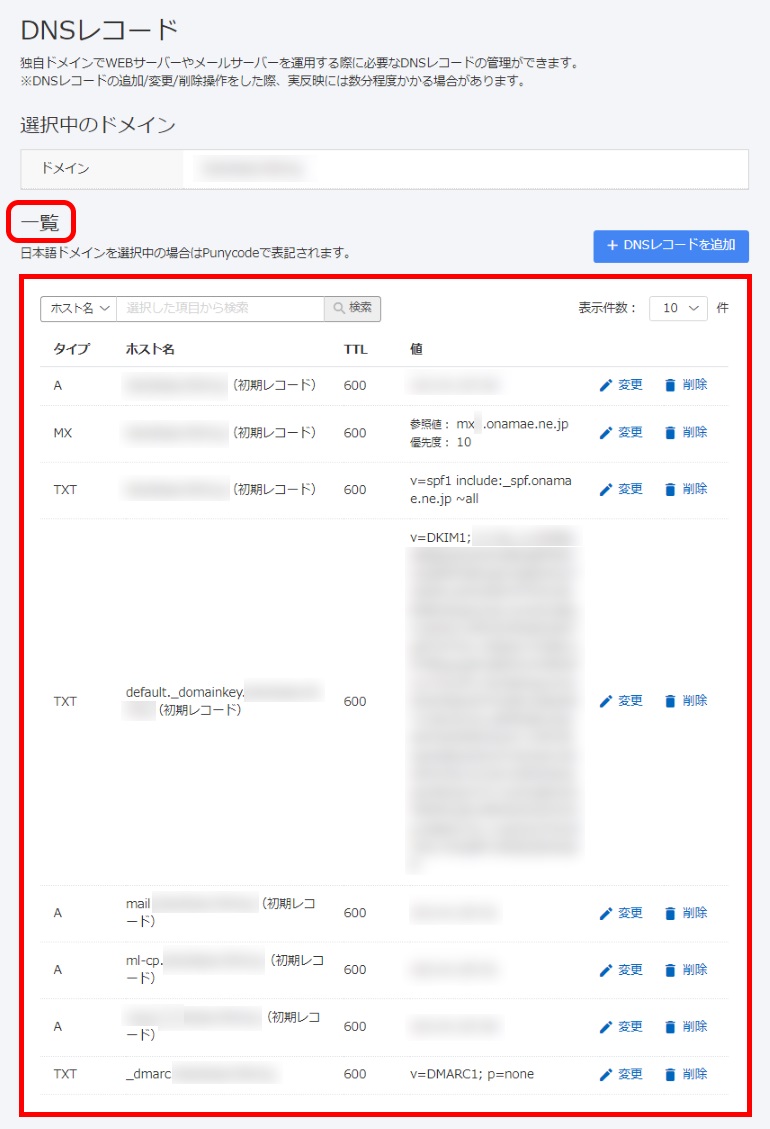 DNSレコード一覧